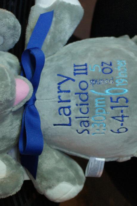 Personalized Baby Gift, "Baby Cubby" Elle the Elephant, a plush stuffed animal keepsake with machine embroidered birth information